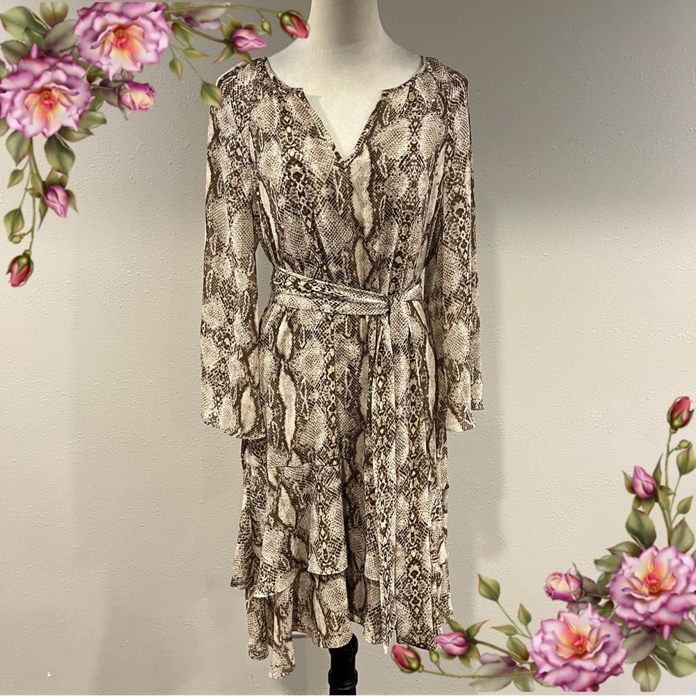 White House Black Market Brown and Cream Snake Print Long Sleeve Wrap Dress